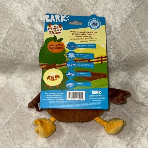 BARK 4.25” Classic Fuzzy Squeaky White Brown Gold Farm Rooster Plush Dog Toy - Picture 9 of 11